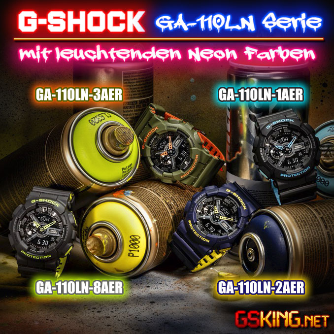 G-Shock GA-110LN Uhren-Serie mit Armbändern in leuchtenden Neon Farben (1AER, 2AER, 3AER, 8AER)