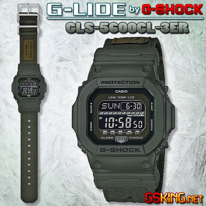 Casio G-Shock G-Lide GLS-5600CL-3ER - Olivgrüne Winteruhr mit Nato Textilarmband und Low Temp LCD Kälteresistent