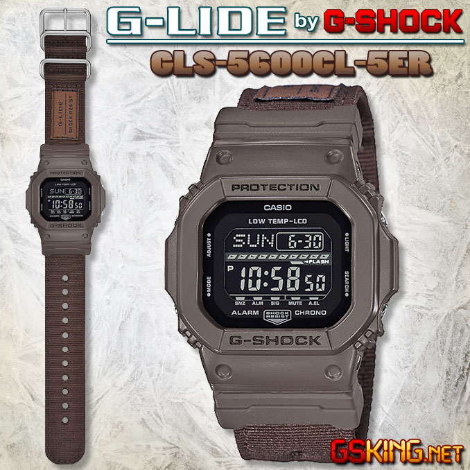 Casio G-Shock G-Lide GLS-5600CL-5ER - Braune Winteruhr mit Nato Textilarmband und Low Temp LCD Kälteresistent