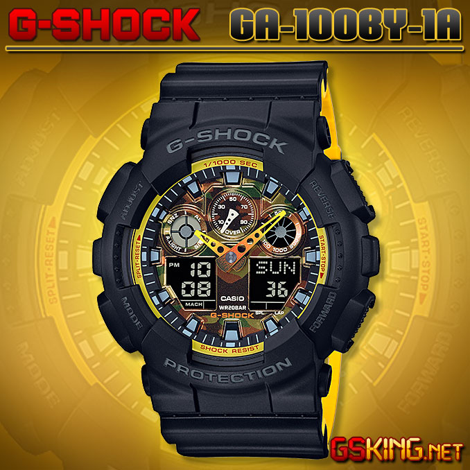 Casio G-Shock GA-100BY-1A - Gelb-Schwarze Sommeruhr mit Camouflage Ziffernblatt