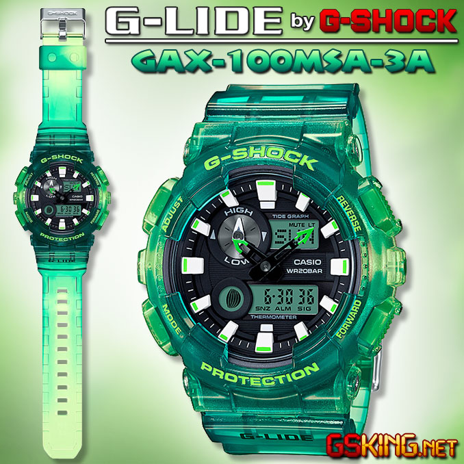 G-Lide GAX-100MSA-3A - Casio G-Shock Surferuhr mit Farbverlauf in Smaragdgrün (halbtransparent)