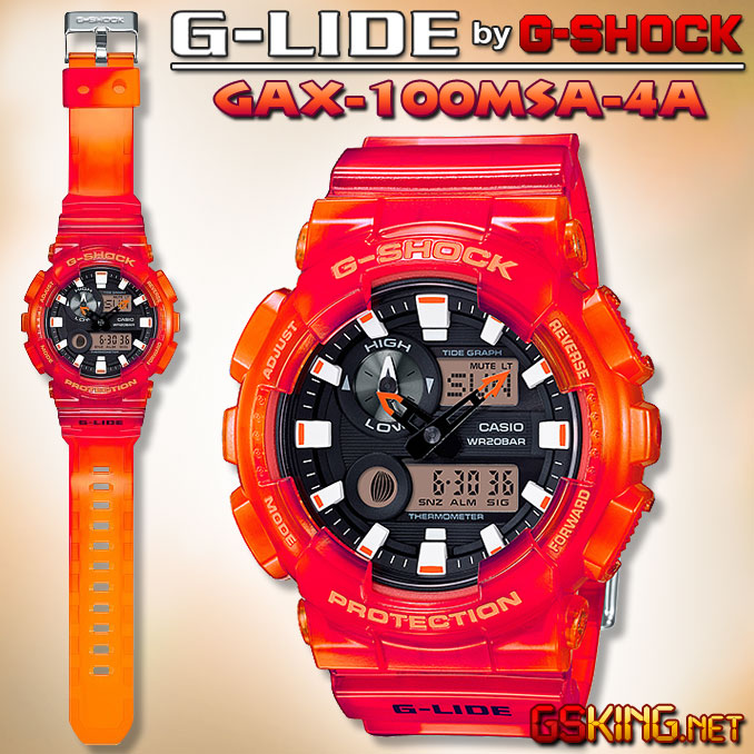 G-Lide GAX-100MSA-4A - Casio G-Shock Surferuhr mit Farbverlauf in Ko­ral­len­rot (halbtransparent)