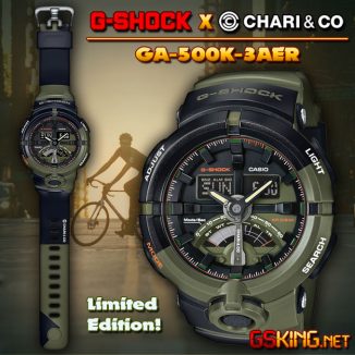 Limitierte Casio G-Shock und Chari & Co Uhr | GA-500k-3AER in den Farben Oliv-Grün, Schwarz, Weiß und Orange