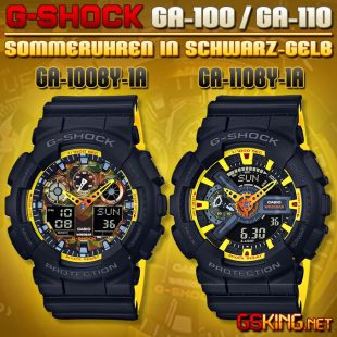 Casio G-Shock GA-100BY-1A und GA-110BY-1A Sommeruhren in Schwarz und Gelb mit Dual-Layer-Armband