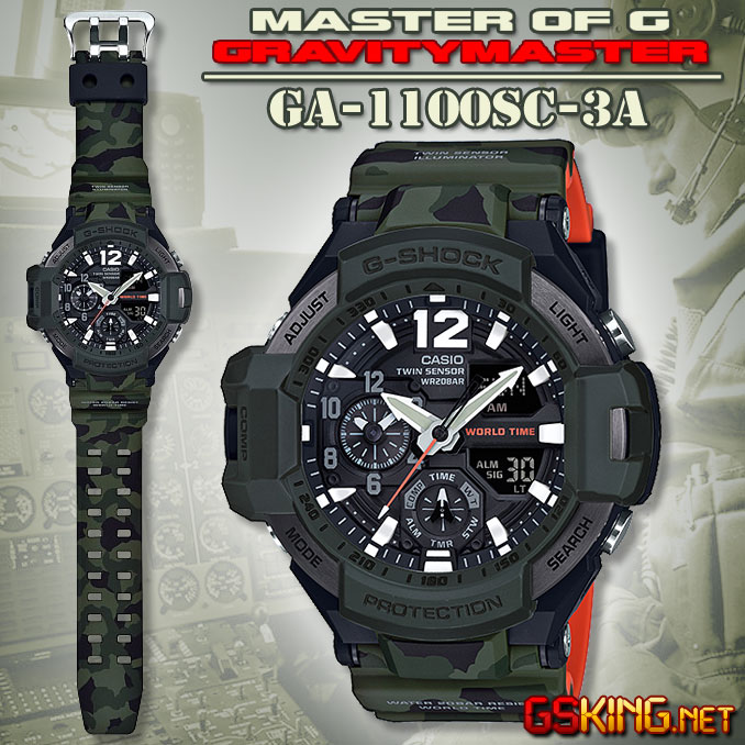 Gravitymaster GA-1100SC-3A - Casio G-Shock Pilotenuhr mit Woodland Camouflage-Muster