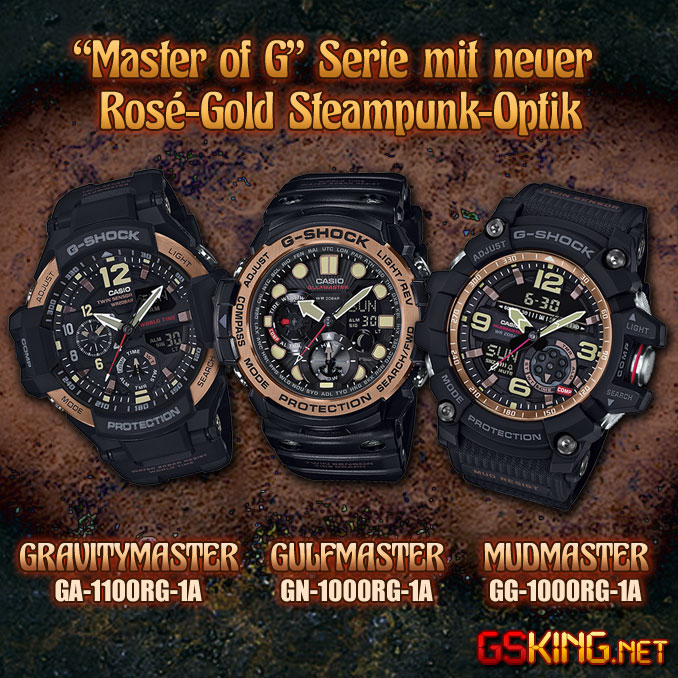Masters-of-G mit rose-gold Farbschema - Gravitymaster (GA1100RG-1A), Mudmaster (GG1000RG-1A) und Gulfmaster (GN1000RG-1A)