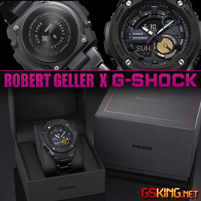 Robert Geller G-Shock GST-200RBG-1A G-Steel Uhr mit schwarzem Gehaeuse und Edelstahl-Metallarmband