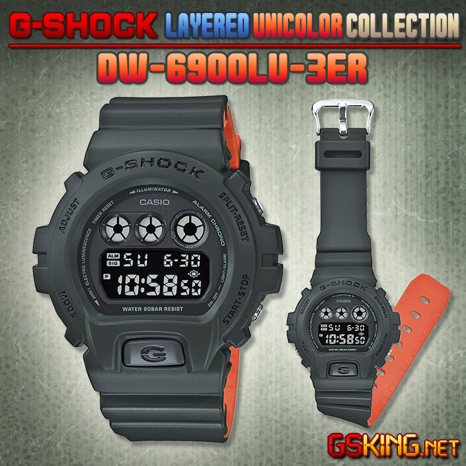 Casio G-Shock DW-6900LU-3ER in Olivgrün und Orange mit Dual-Layer-Armband