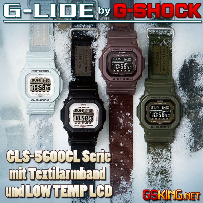 Casio G-Shock G-Lide GLS-5600CL Serie mit Textilarmband und kälteresistenten Low Temp LCD Displays