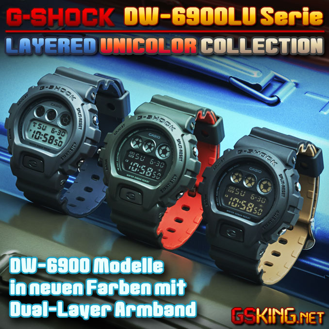 Casio G-Shock DW-6900LU 1er, 3er und 8er - Zweifarbige Layered Unicolor Collection mit Dual-Layer Armband
